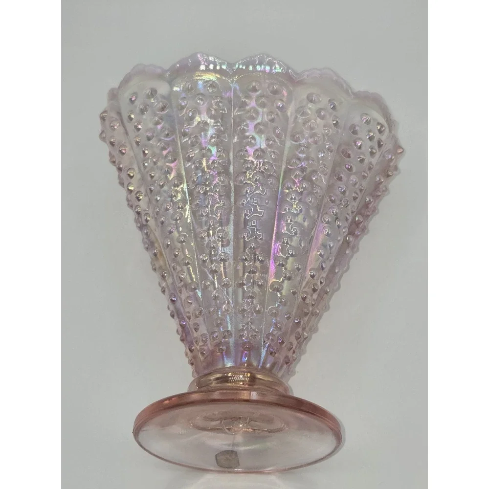 Fenton Glass 95th Anniversary Iridized Pink Opalescent Hobnail Fan‎ Vase 8